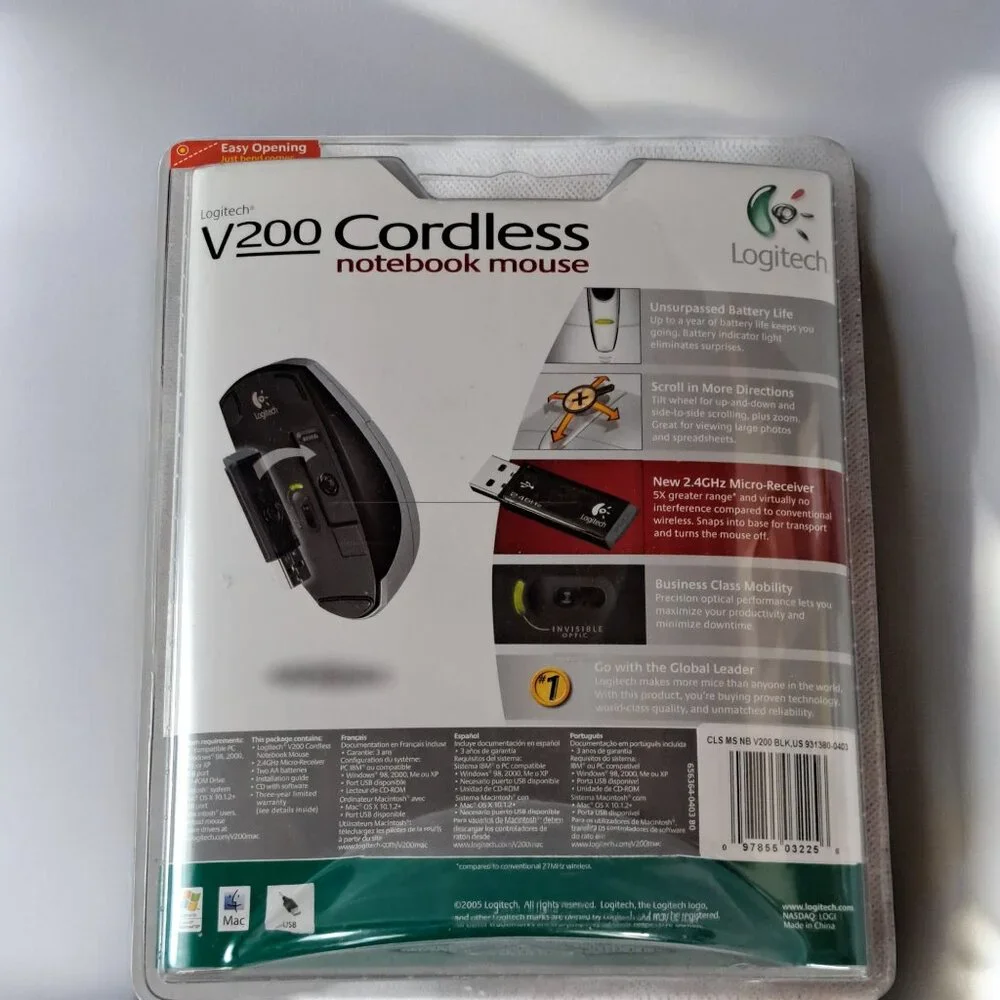 Logitech V200 Cordless Notebook Mouse Optical USB Windows & Mac 2005 NEW SEALED